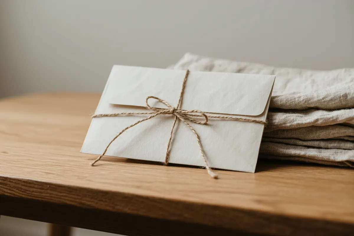 Carte cadeau bien-être en papier crème nouée d'un ruban, posée sur du linge de lin plié