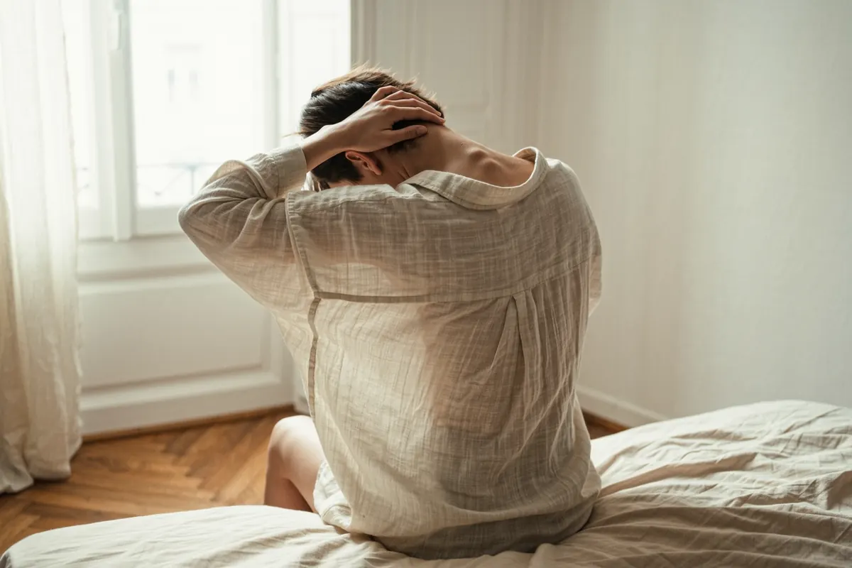 Femme assise de dos au bord d'un lit, une main sur la nuque, épaules basses de fatigue