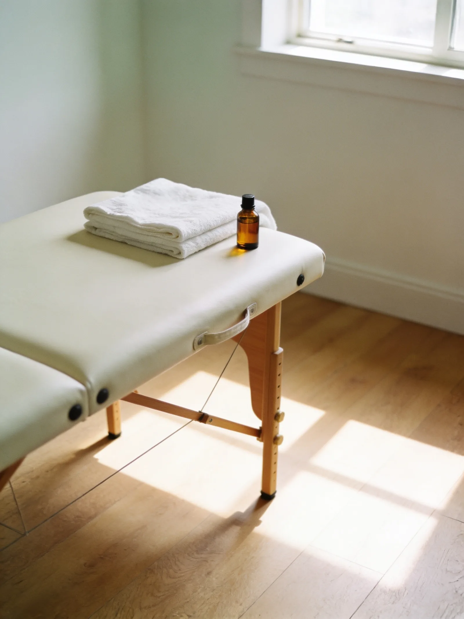 Table de massage, linge blanc et flacon d’huile