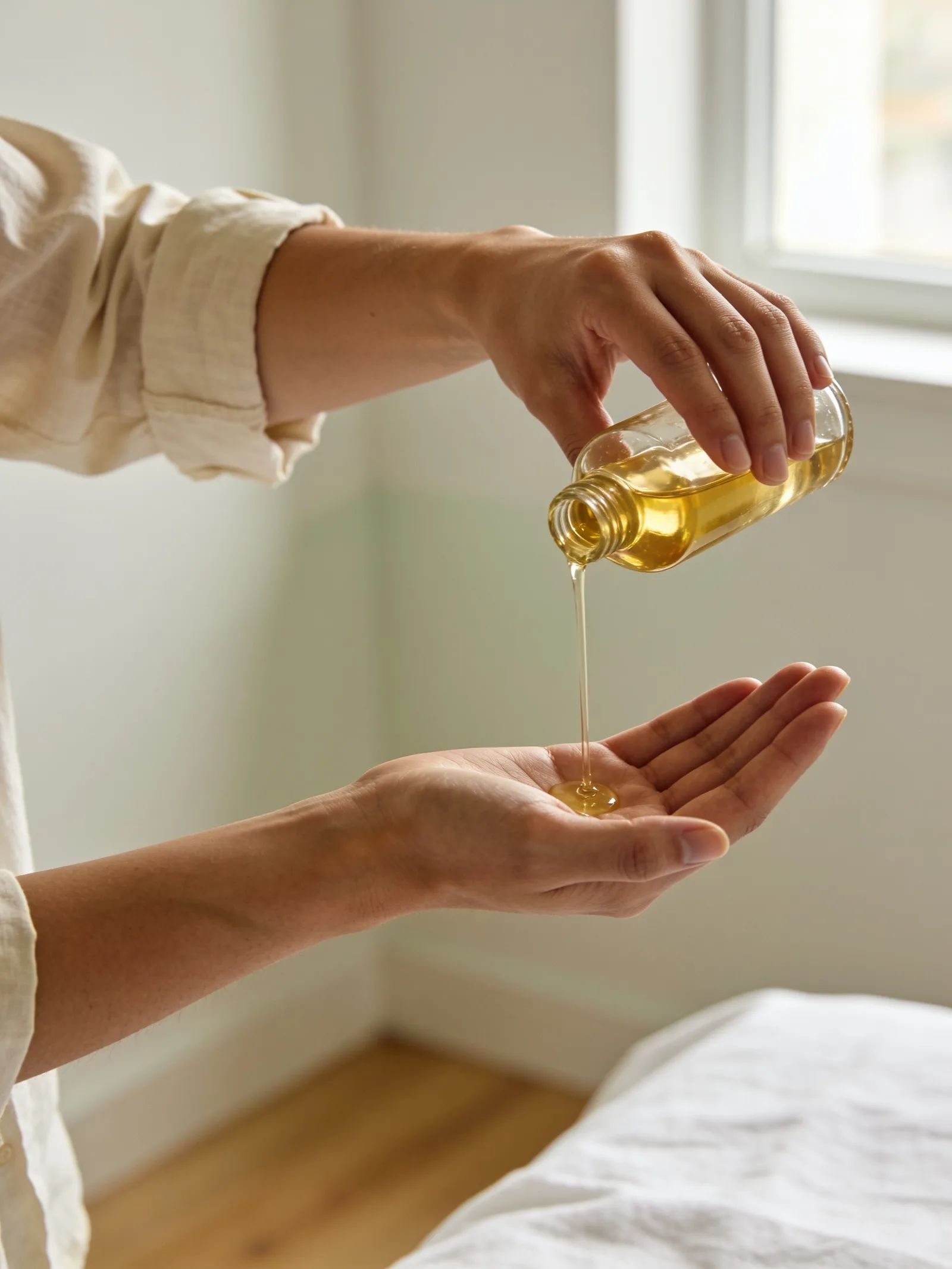 Avant-bras versant de l’huile de massage dans la paume