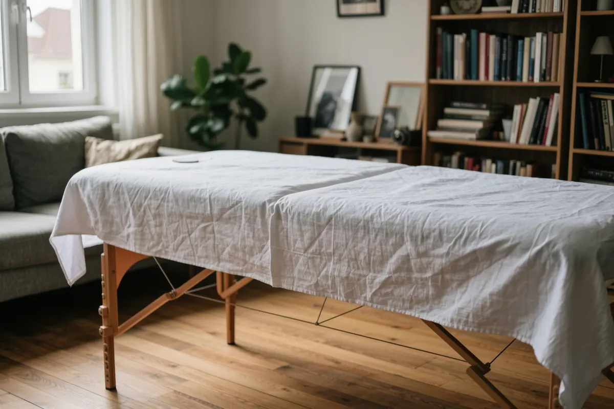 Table de massage dressée d'un drap de lin, installée dans un salon pour une séance à domicile