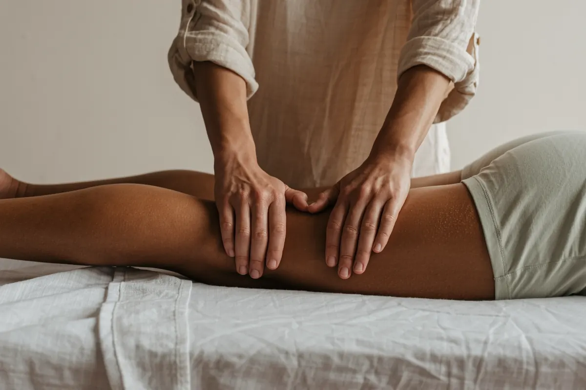 Mains en pression sur la cuisse d'un sportif allongé, avant une compétition