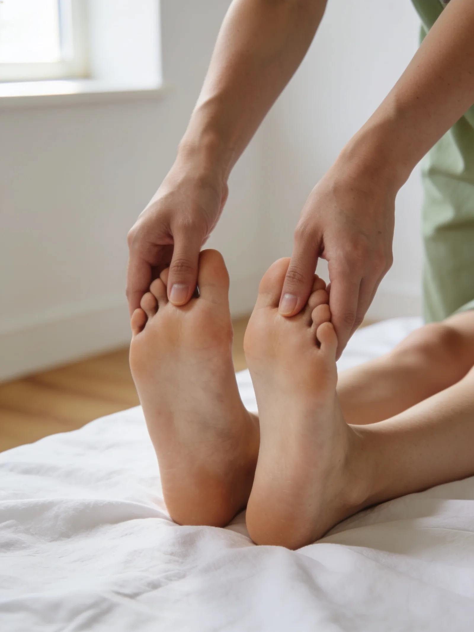 Séance de réflexologie plantaire, pression sur la voûte du pied