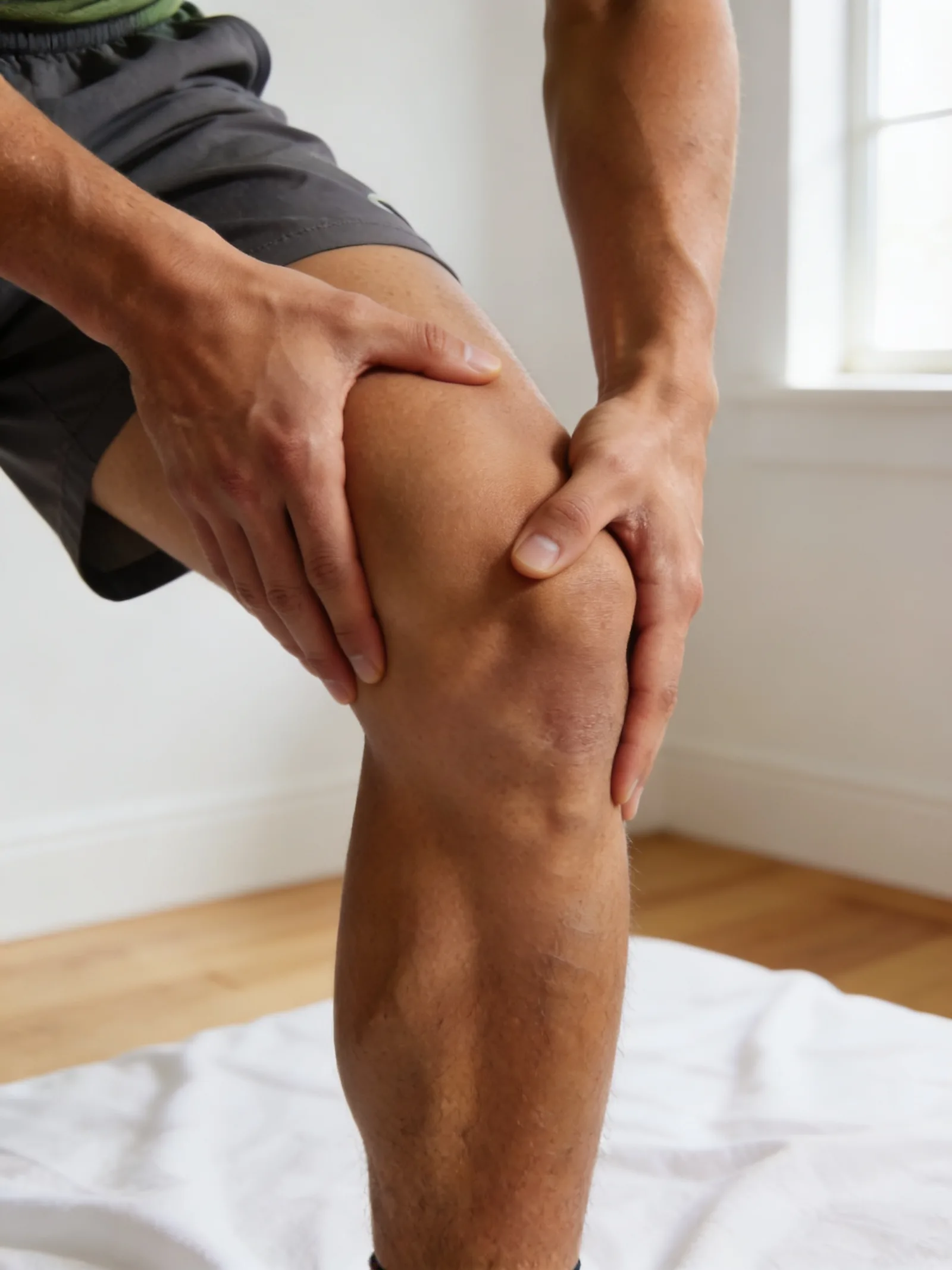 Massage de récupération sur les jambes d’un sportif après l’effort